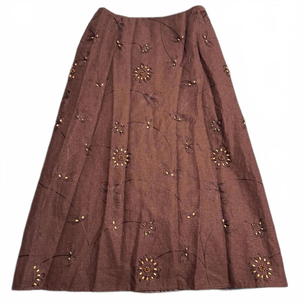 Cottagecore Brown Embroidered Beaded A-Line Midi Skirt, Size 10